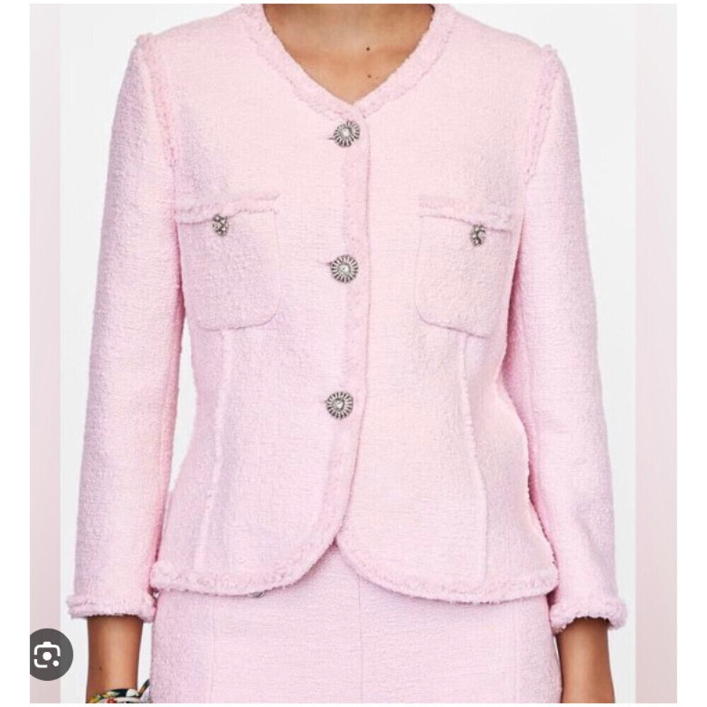 Zara Pink Tweed Textured Rhinestone Button Jacket M